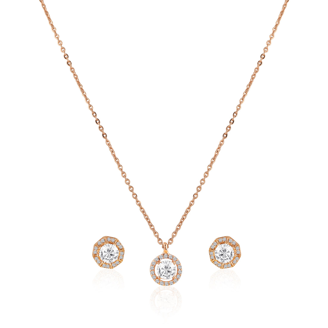 925 silver rose gold halo pendant necklace set with matching stud earrings on blue background