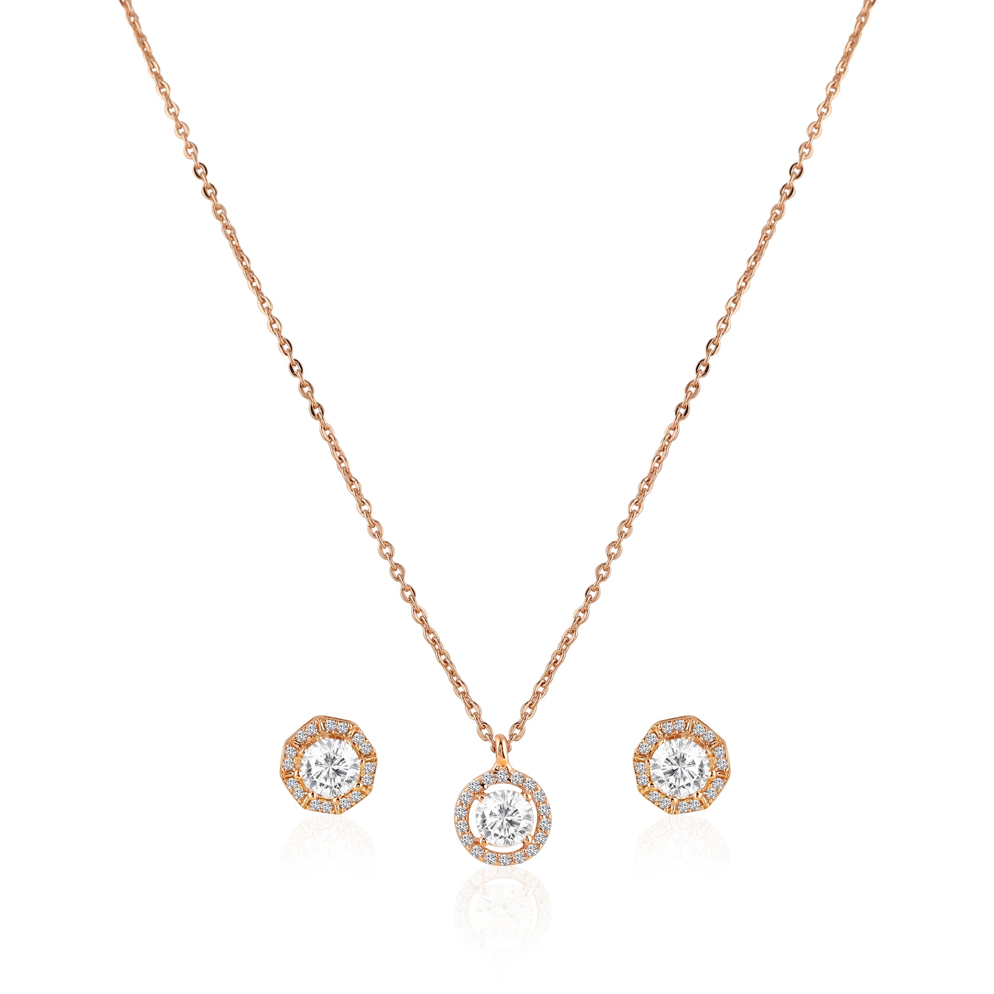 925 silver rose gold round halo pendant necklace with coordinating stud earrings