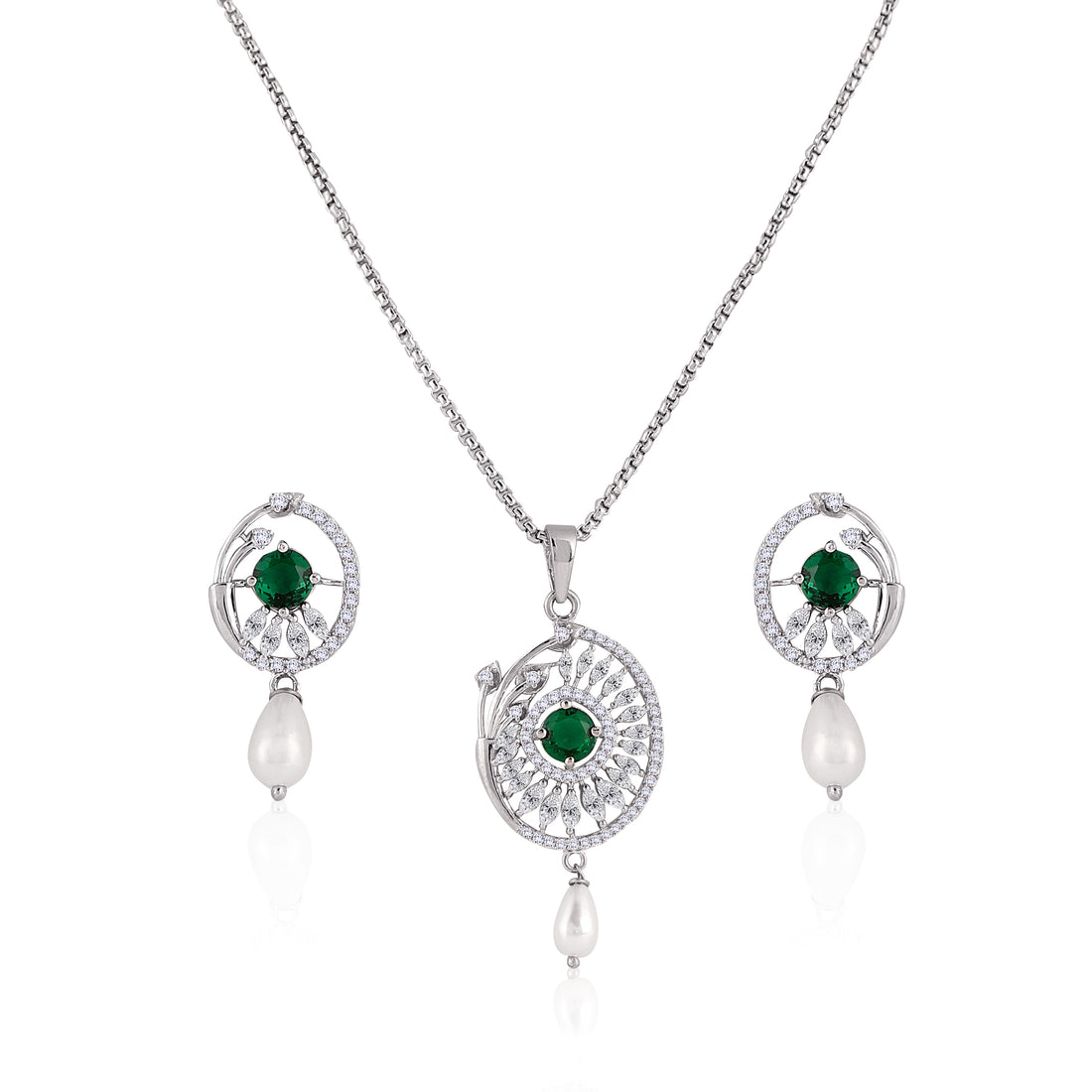 💚 Classic 925 Silver Green Stone & Pearl Drop Pendant Set