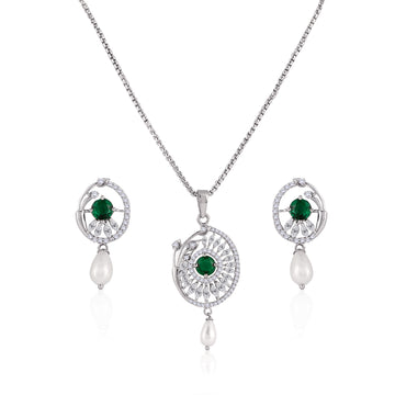 Front view of 925 silver green stone pendant necklace and matching pearl drop earrings with CZ halo