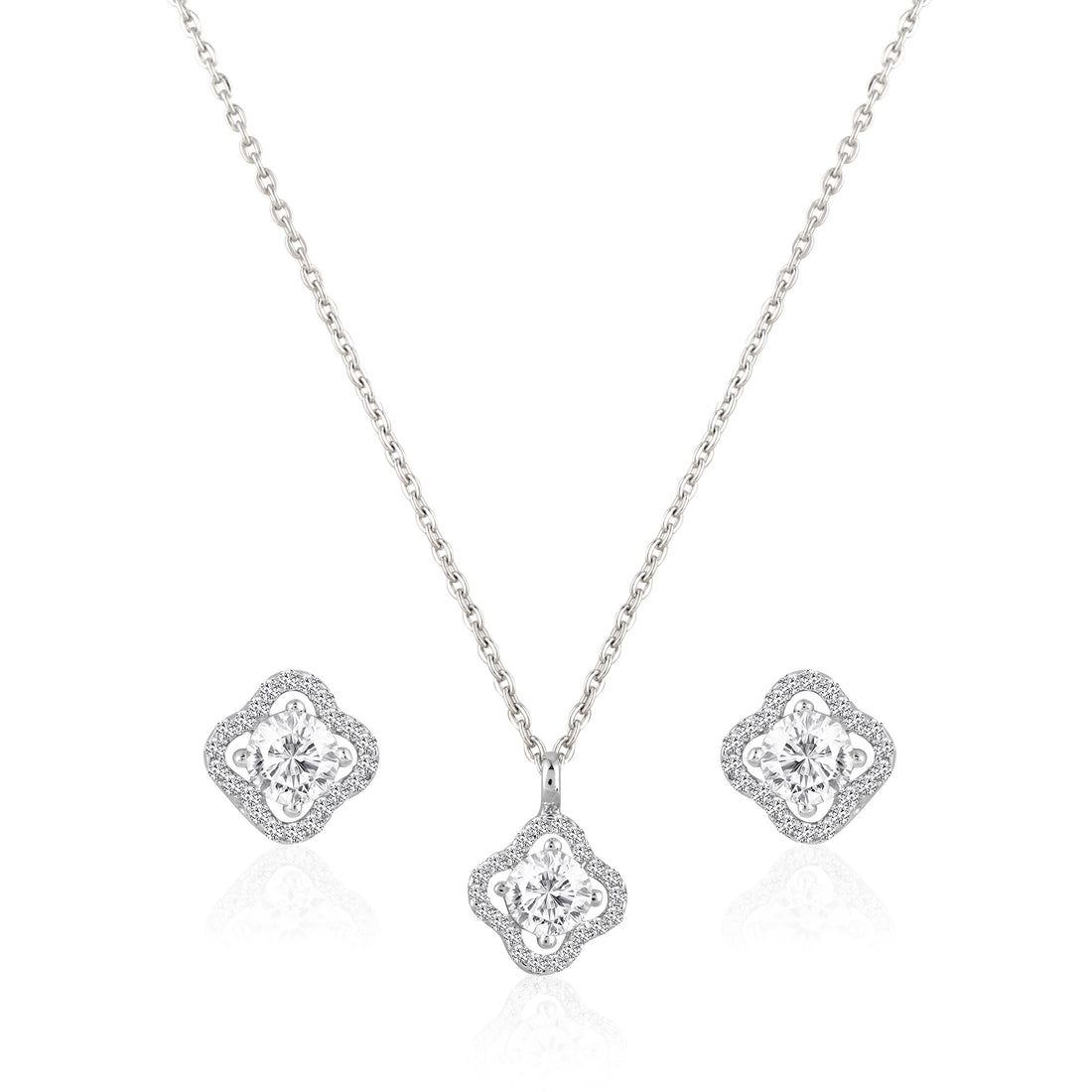 925 silver clover halo pendant set with zircon stones displayed on blue fabric background