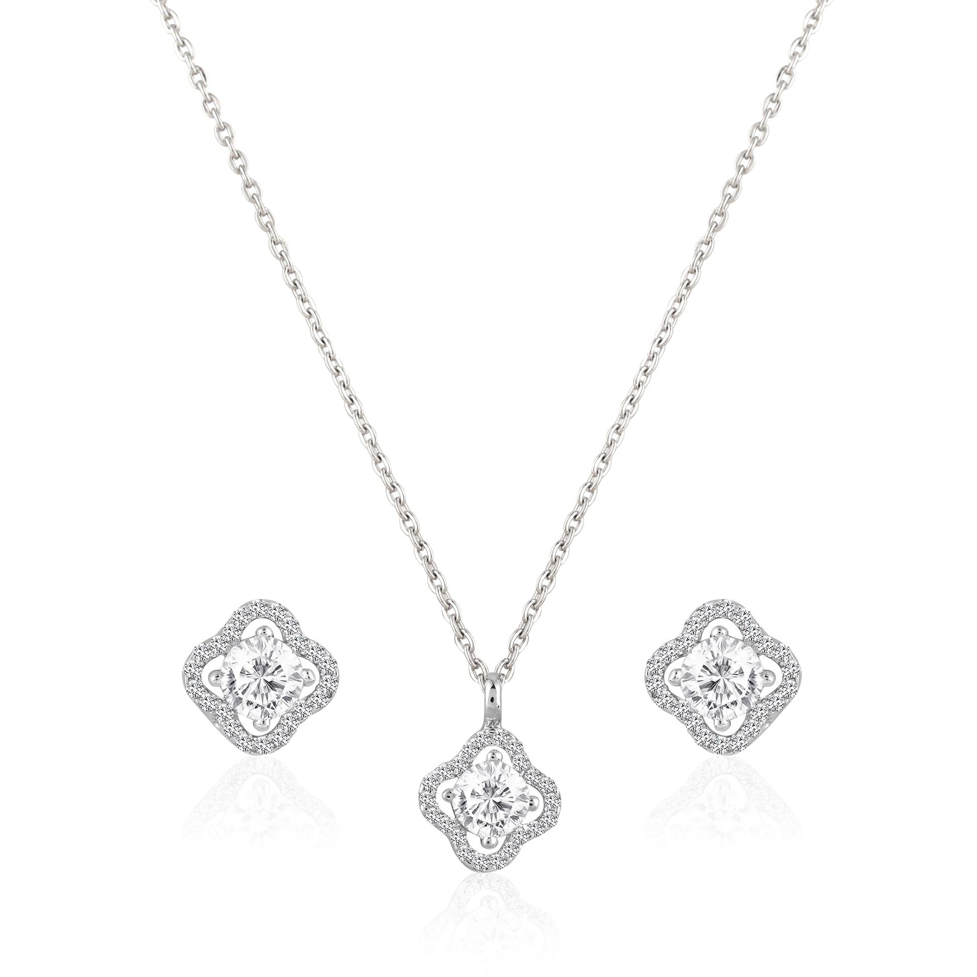 Clover halo pendant set in 925 silver with round zircon center and matching stud earrings