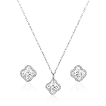 Clover halo pendant set in 925 silver with round zircon center and matching stud earrings
