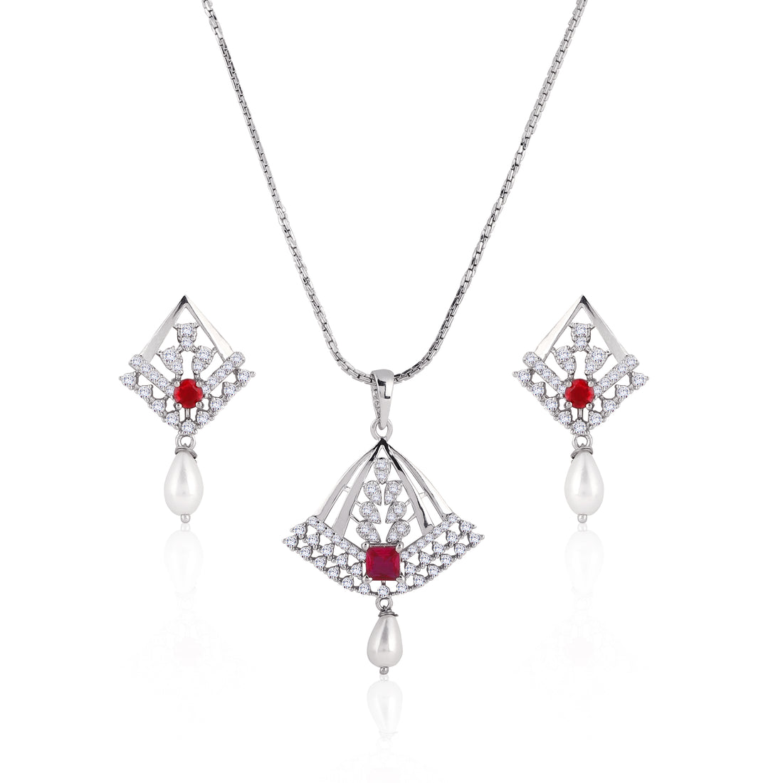 ❤️ Elegant 925 Silver Ruby & Pearl Pendant Set