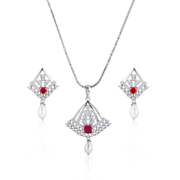 Front view of 925 silver ruby and pearl pendant necklace with matching earrings and CZ detailing