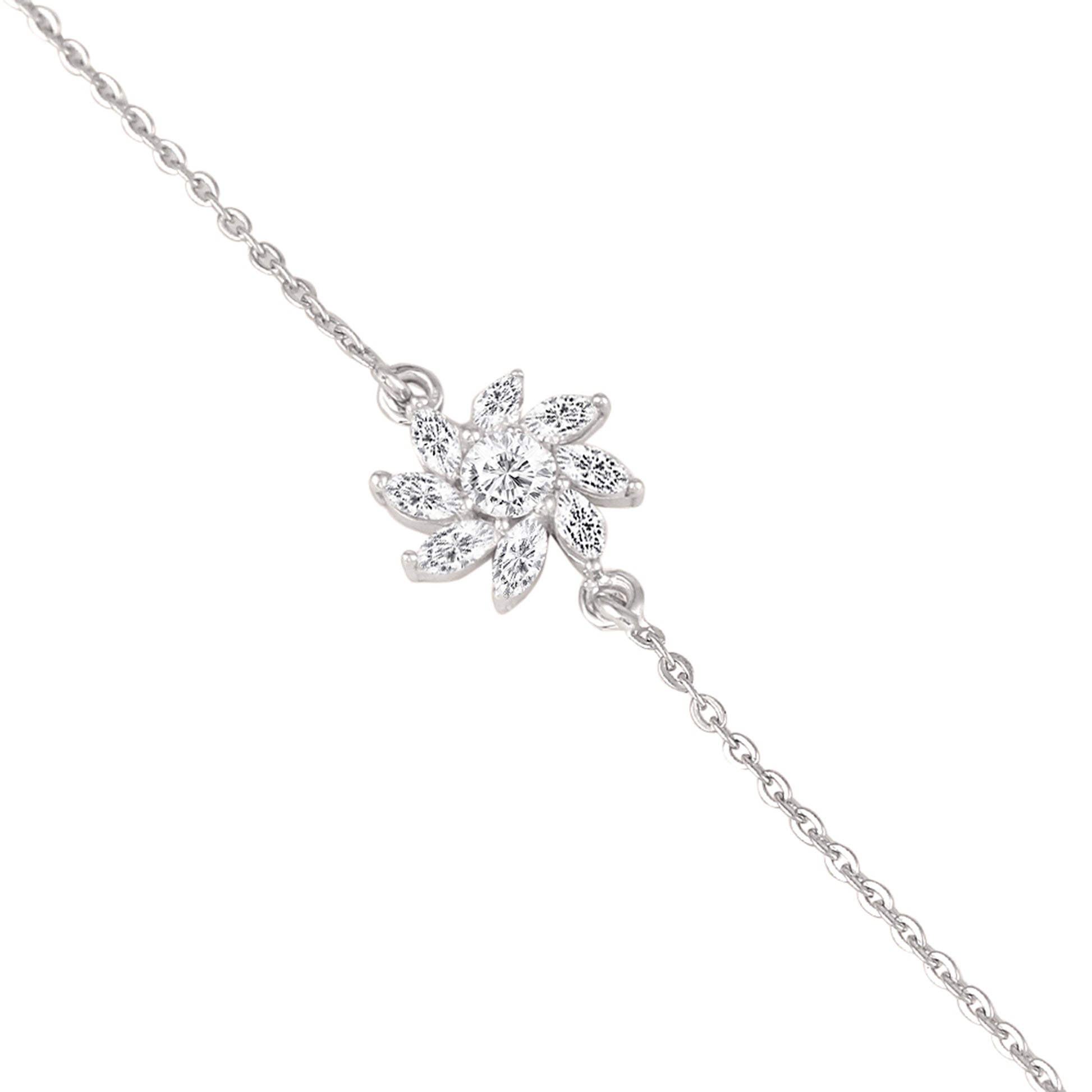Close-up of 925 silver floral sparkle bracelet with round stone