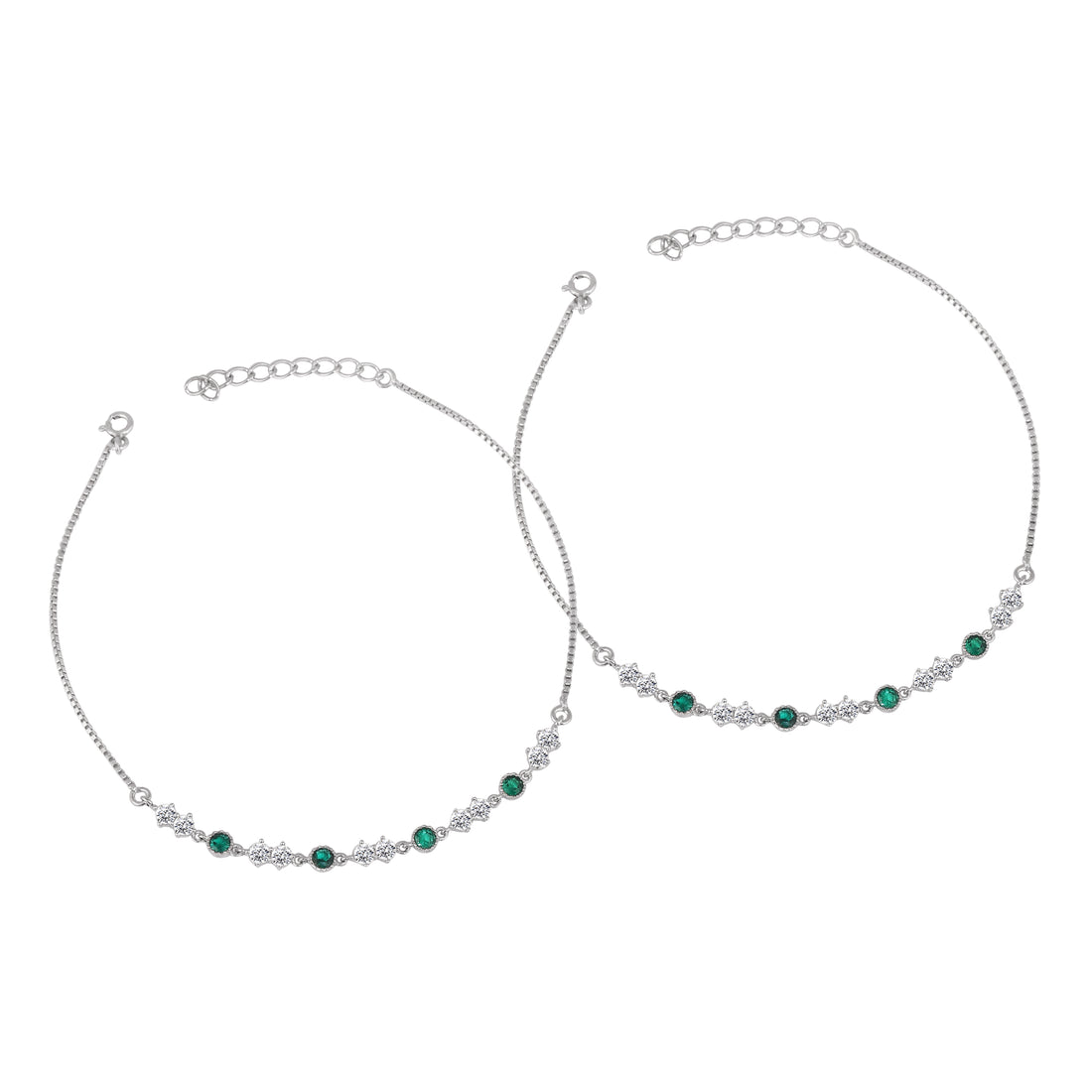 💚 Emerald Sparkle Line 925 Silver Anklet Duo