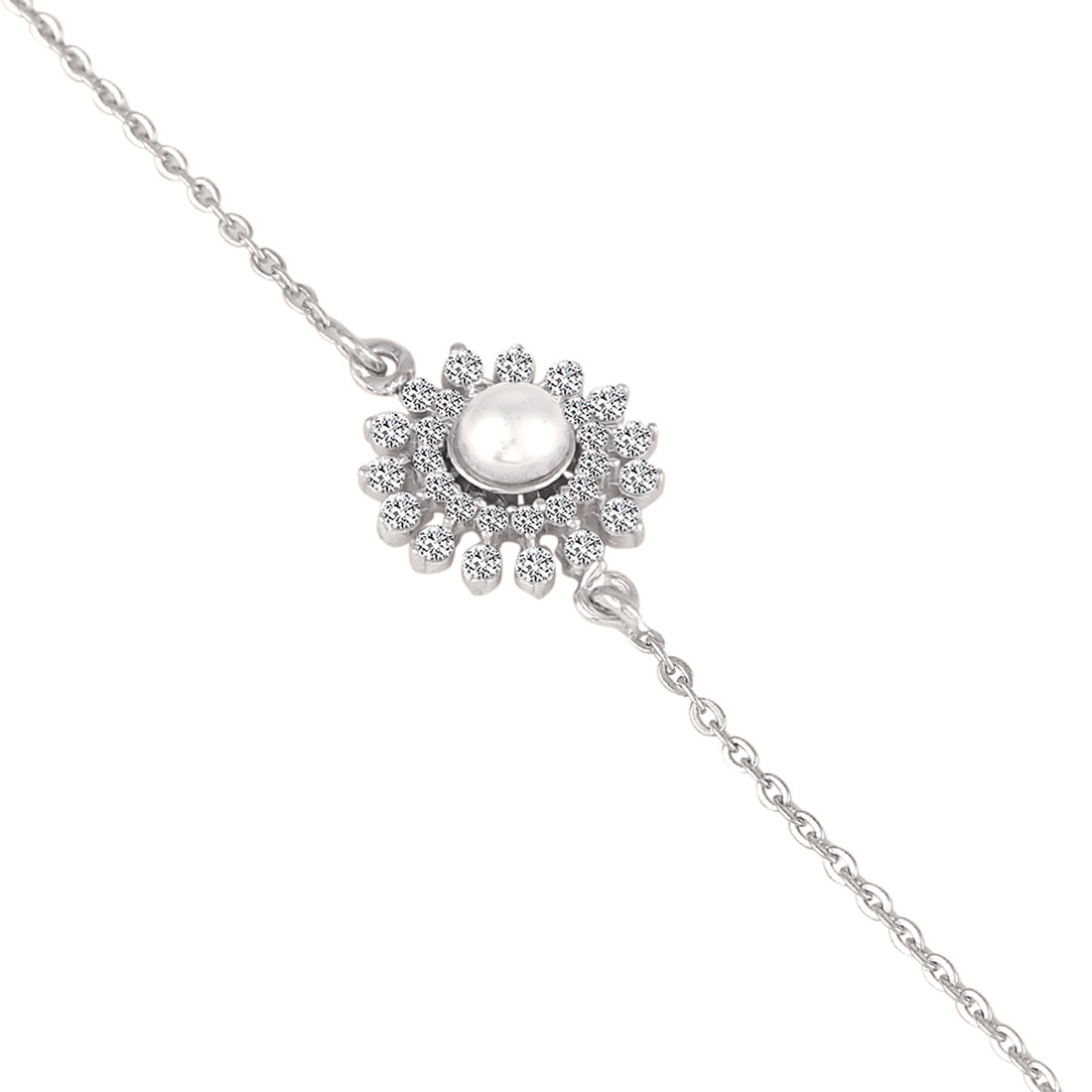 925 silver floral pearl bracelet styled on dark blue background