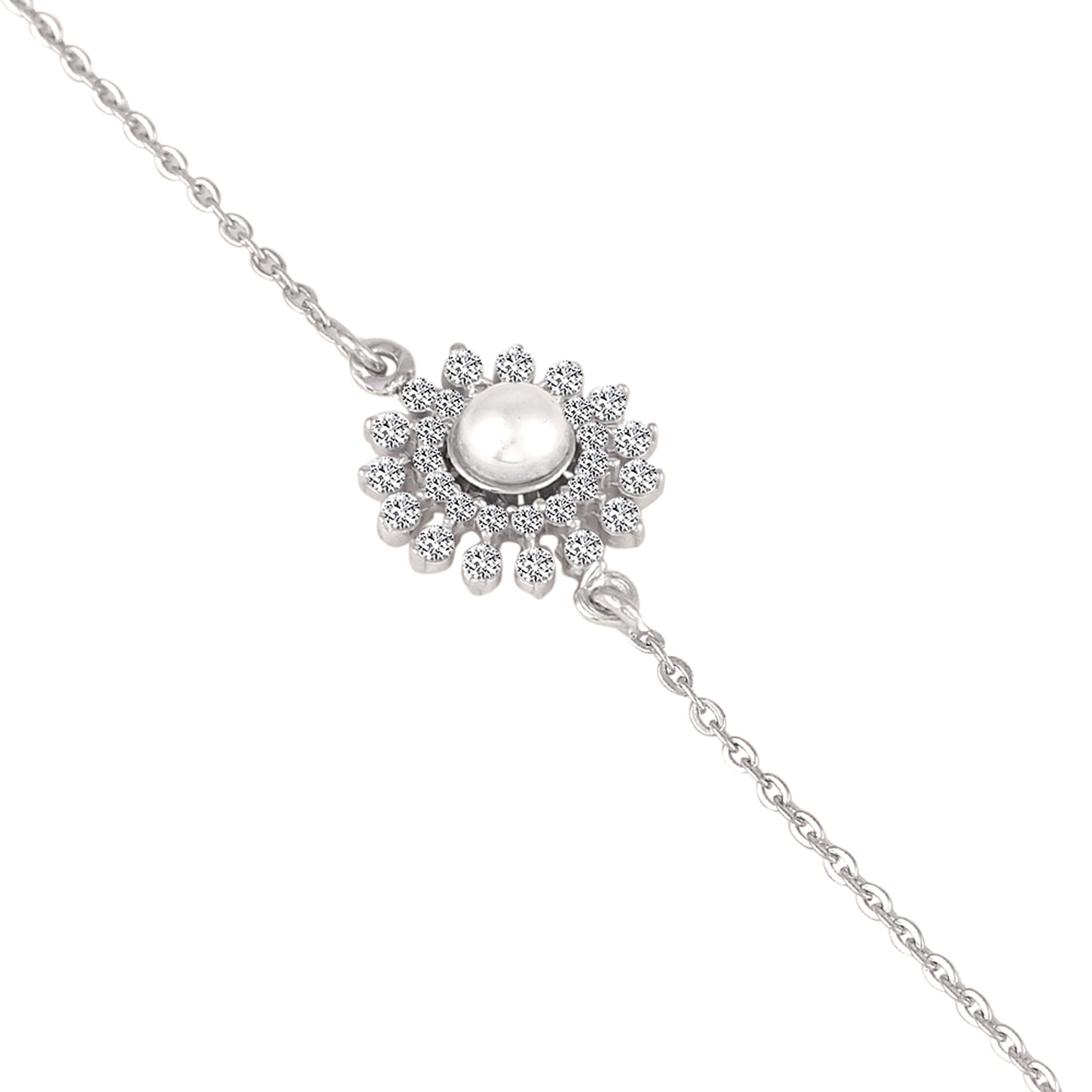 925 silver floral pearl bracelet close-up with pearl center
