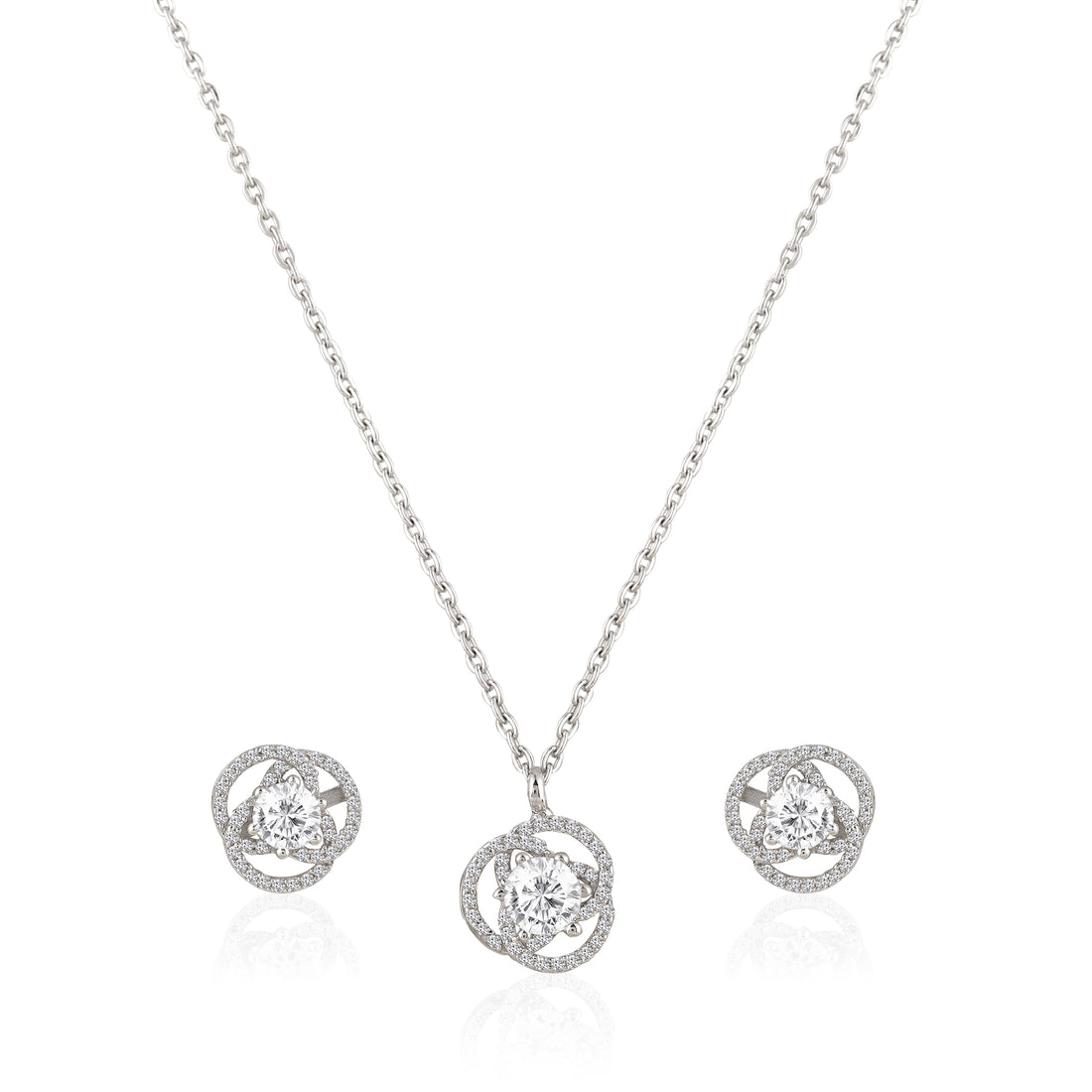 925 silver classic halo pendant necklace set with matching stud earrings displayed on black background