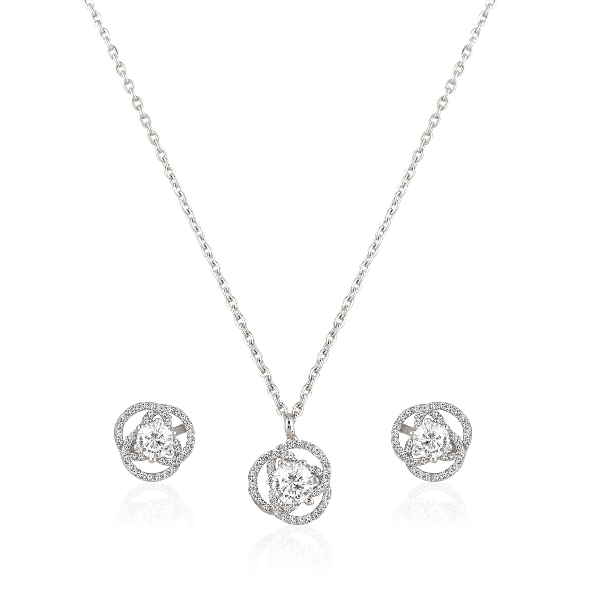 925 silver round halo pendant necklace with coordinating stud earrings