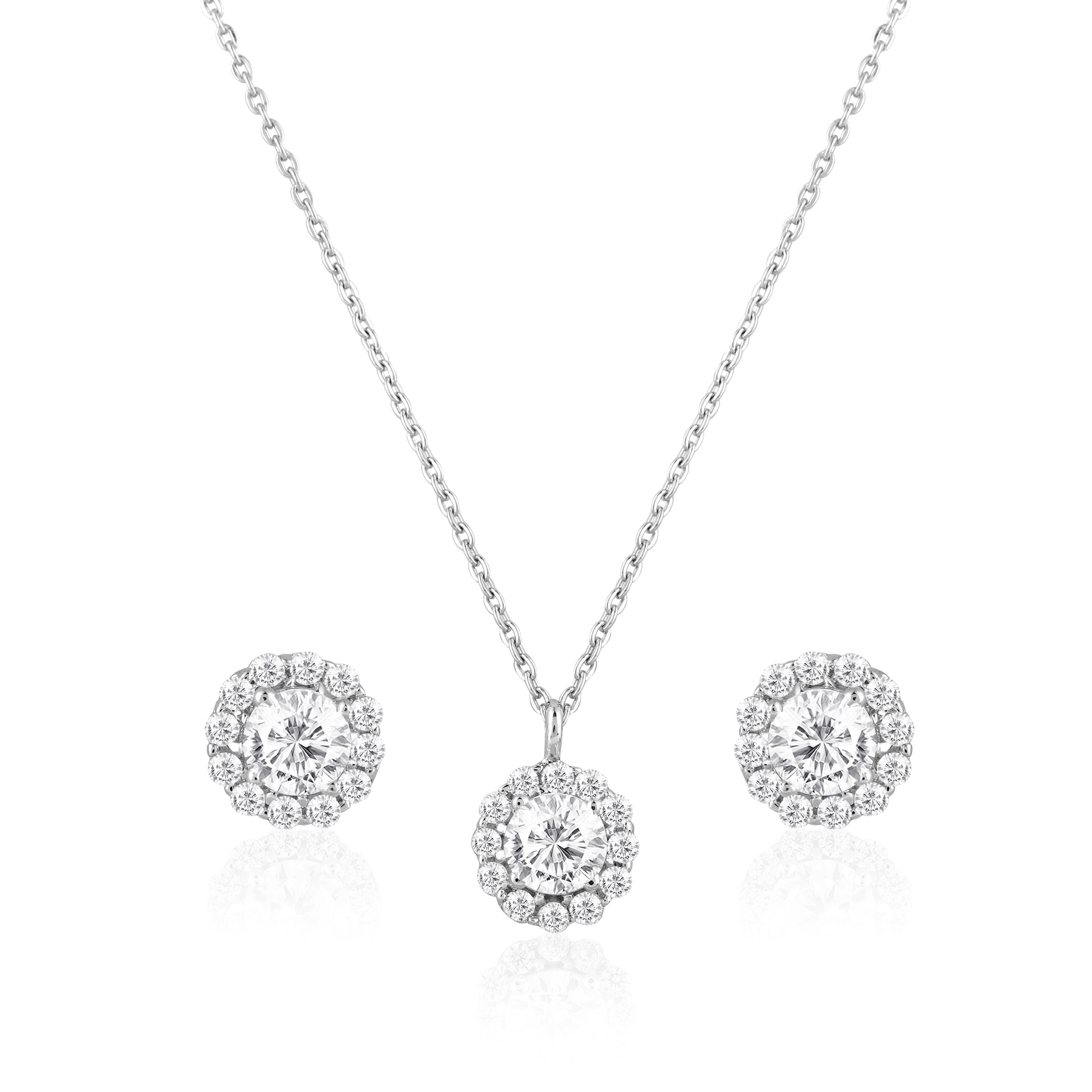 925 silver floral halo pendant set with zircon stones displayed on green background