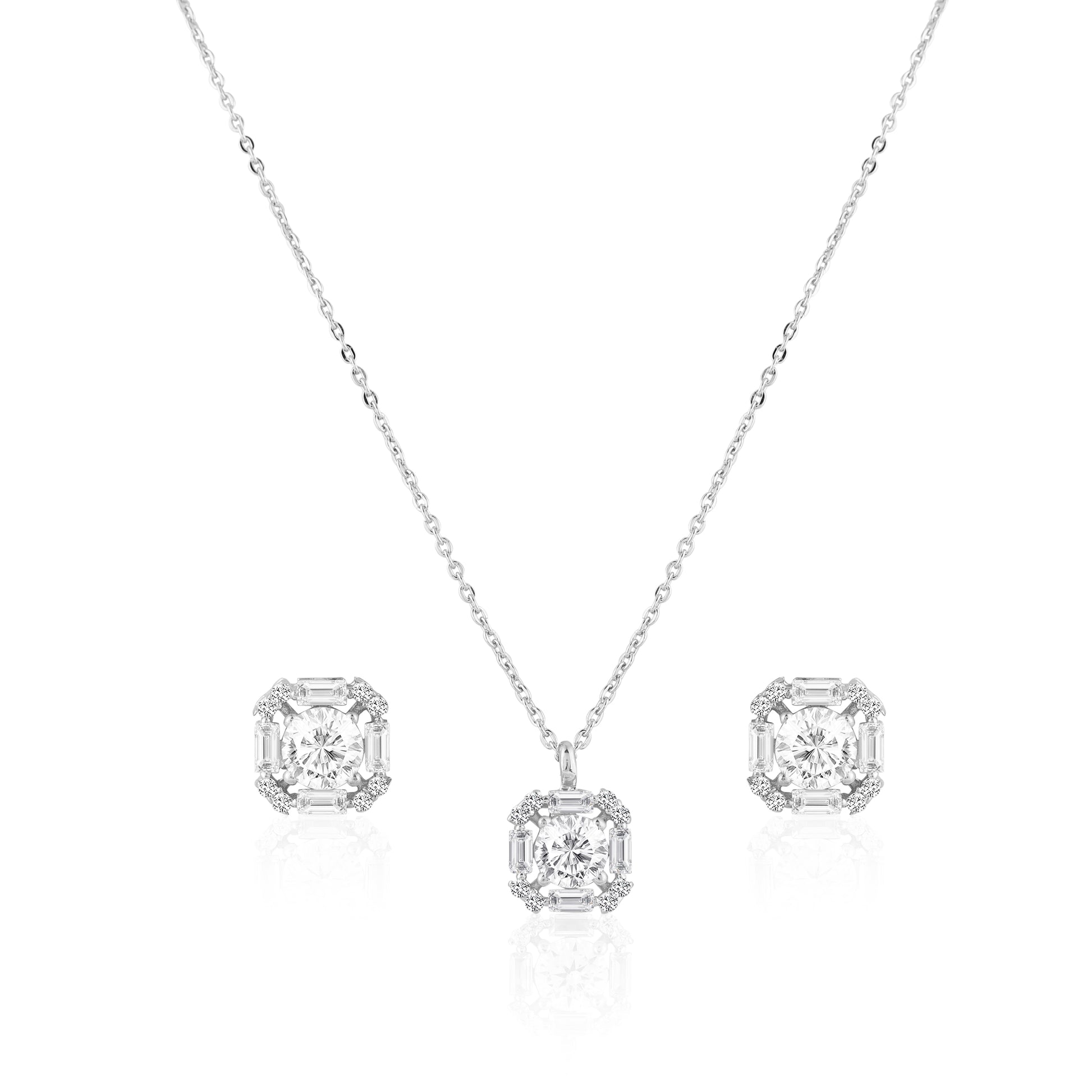 Art deco baguette halo pendant set in 925 silver with matching stud earrings
