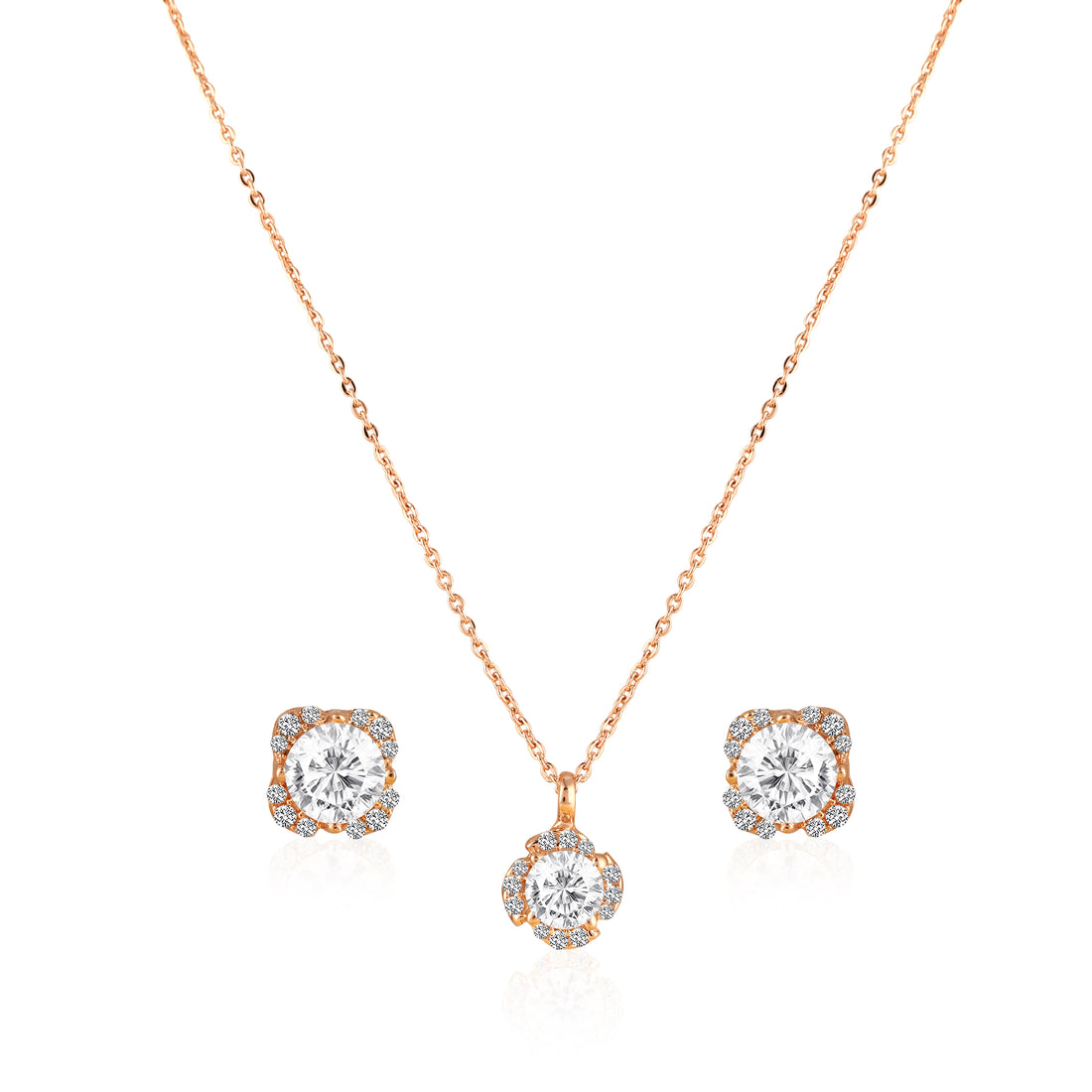 Rose gold cushion halo pendant set in 925 silver with matching zircon stud earrings