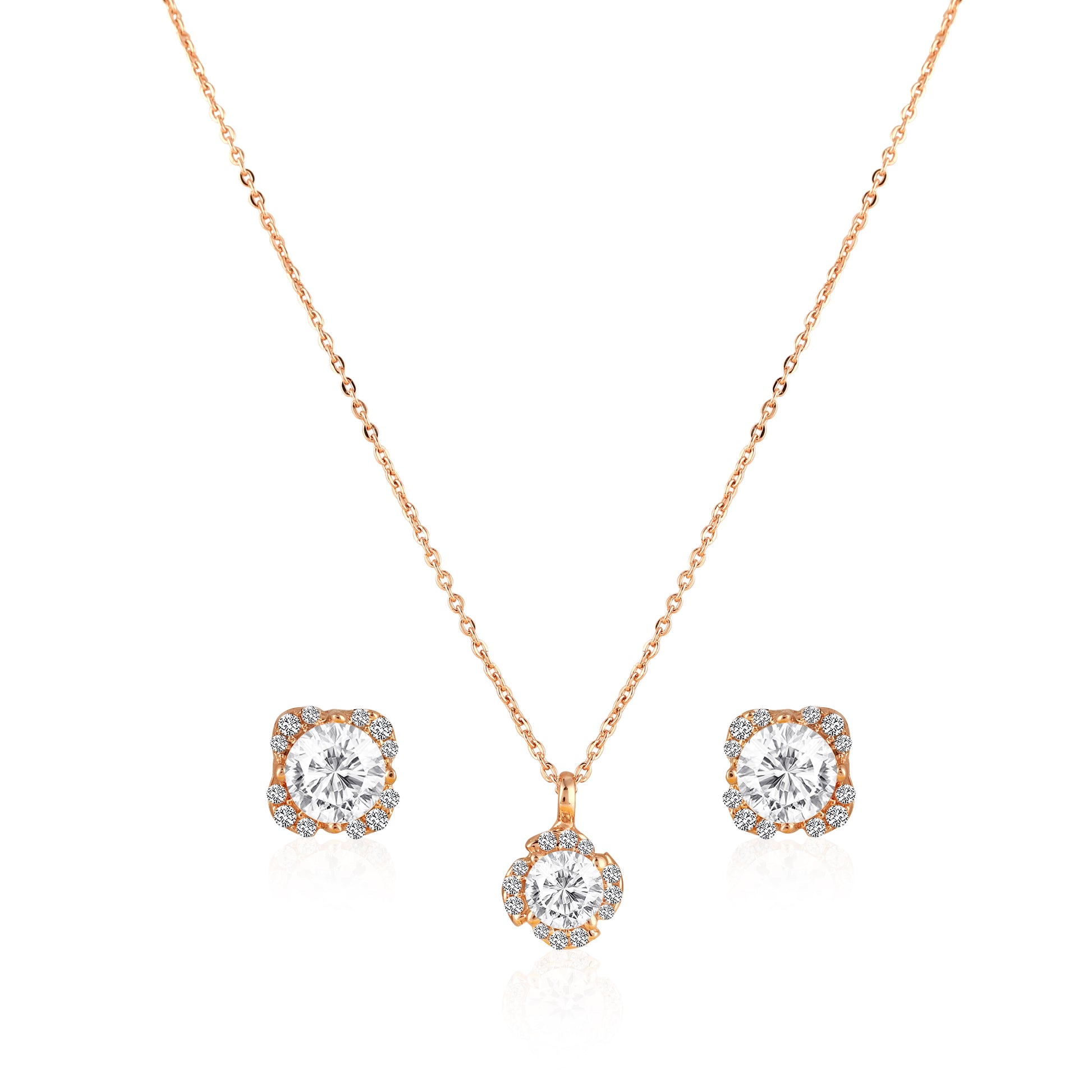 Rose gold cushion halo pendant set in 925 silver with matching zircon stud earrings