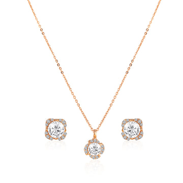 Rose gold cushion halo pendant set in 925 silver with matching zircon stud earrings