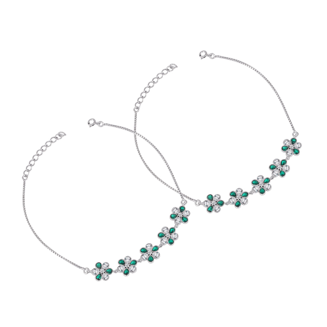 🌿 Emerald Bloom 925 Silver Anklet Duo