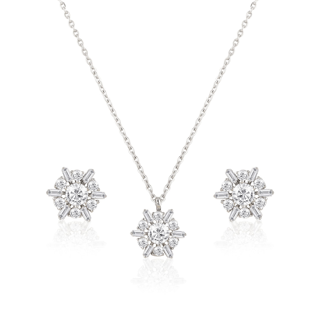925 silver sunburst pendant necklace set with matching stud earrings on black background