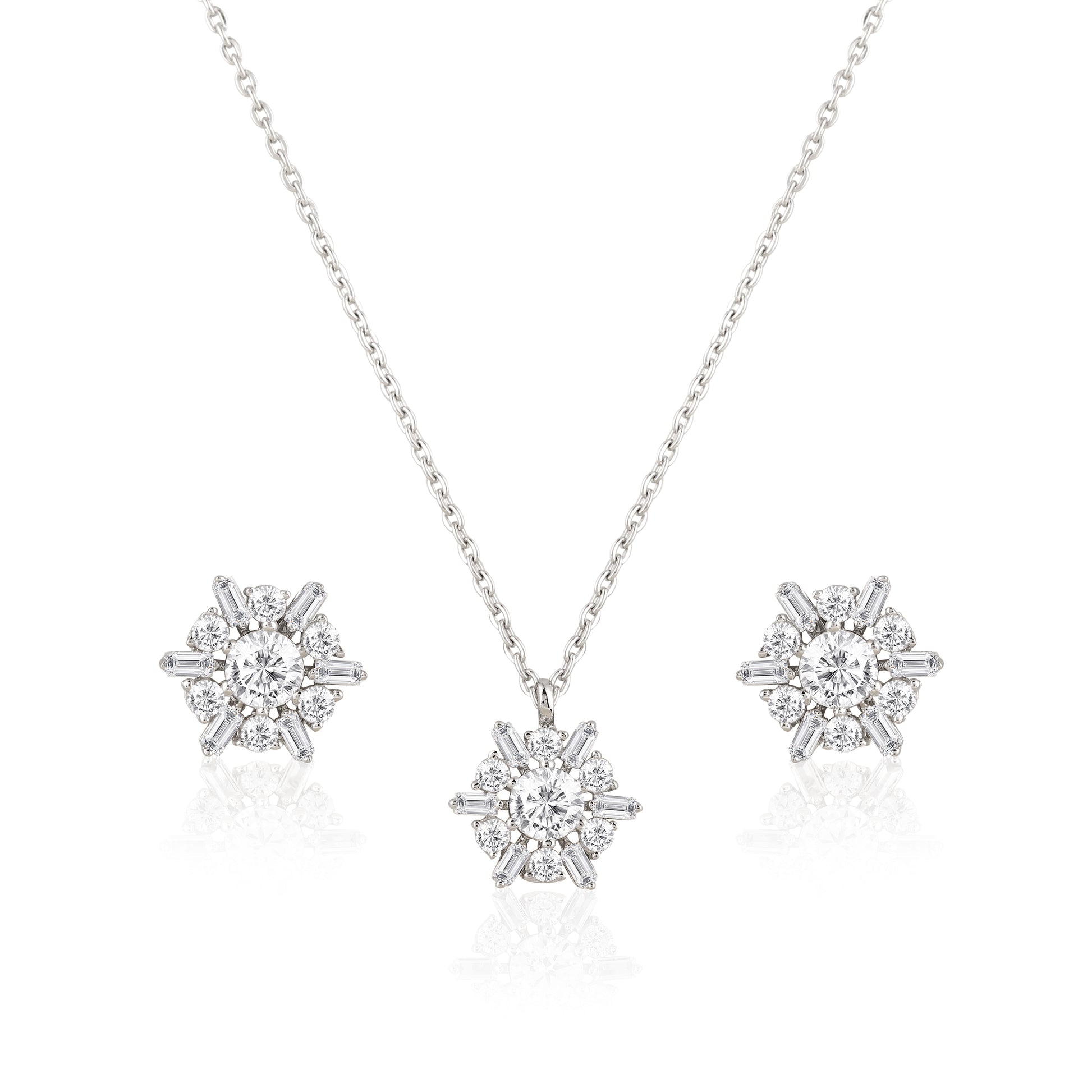 925 silver starburst pendant necklace with coordinating stud earrings