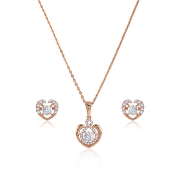 Front view of 925 silver rose gold heart necklace and earrings set with sparkling cubic zirconia accents