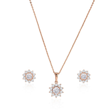 Front view of 925 silver rose gold floral pendant necklace with matching stud earrings and sparkling halo design