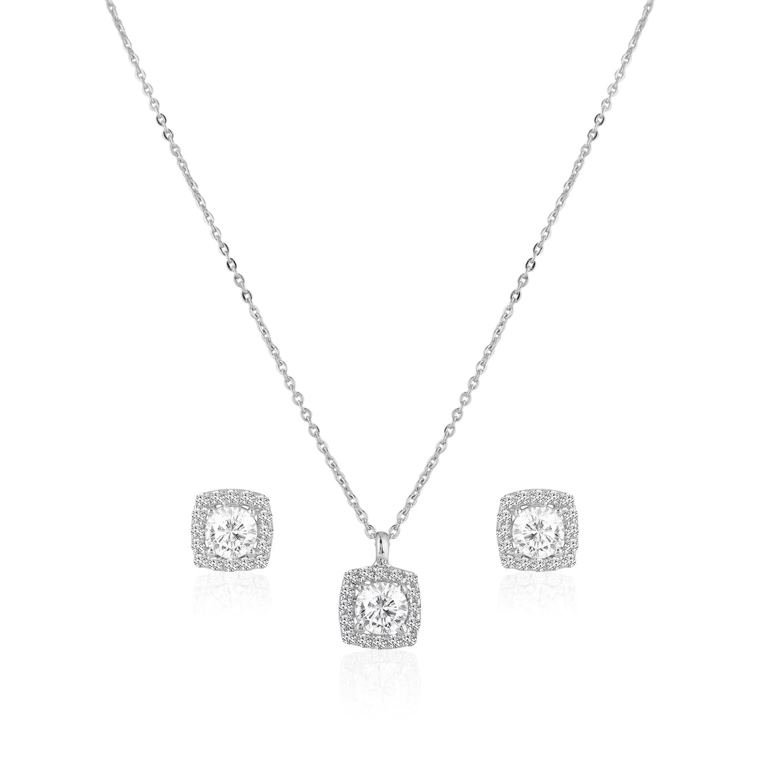 Radiant cushion halo pendant set in 925 silver with matching zircon stud earrings