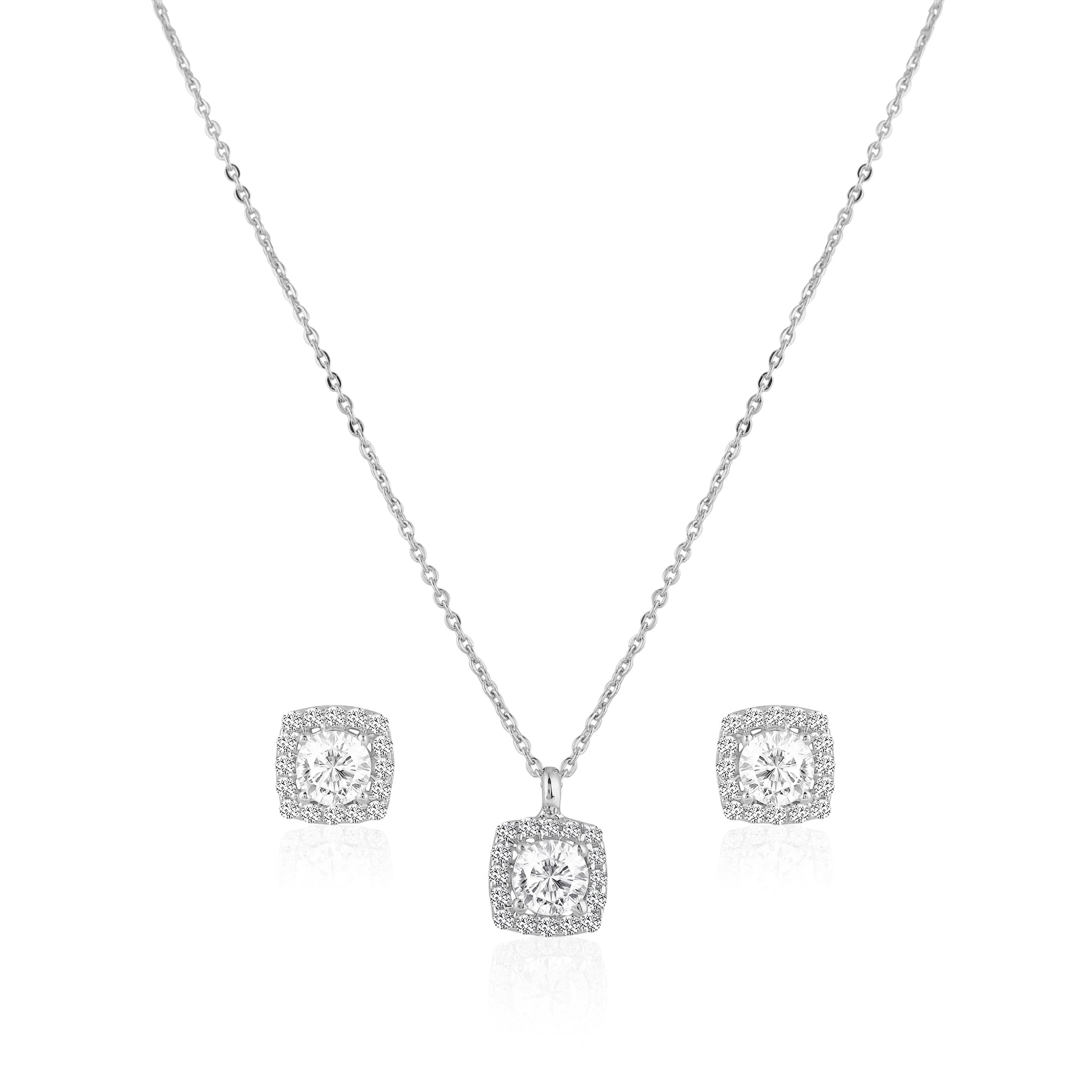 925 silver cushion halo pendant set with zircon stones displayed on blue fabric background