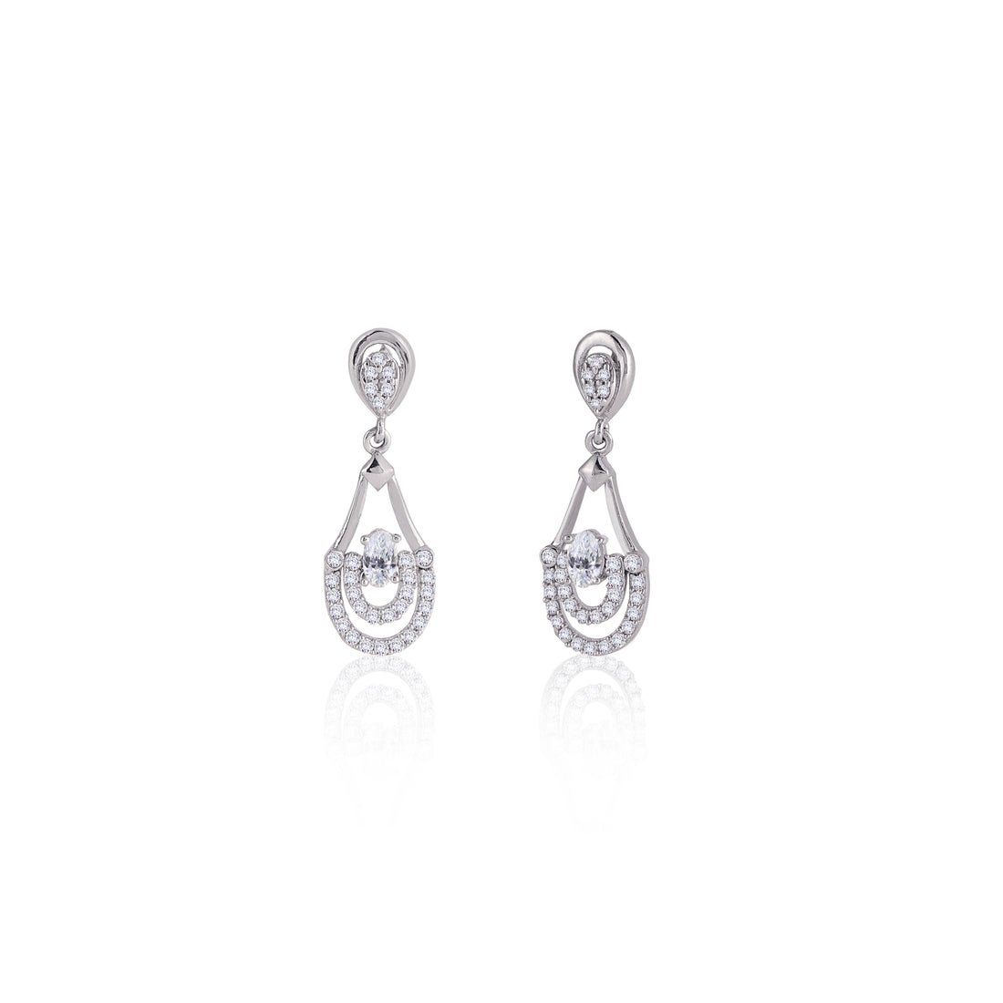 Front view of 925 silver pavé teardrop dangle earrings with oval-cut centre stone and double pavé frame