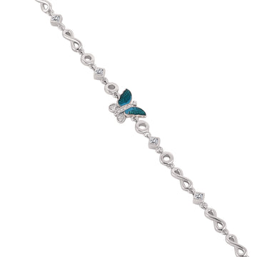 Top view of 925 silver bracelet featuring blue enamel butterfly centerpiece and infinity link chain