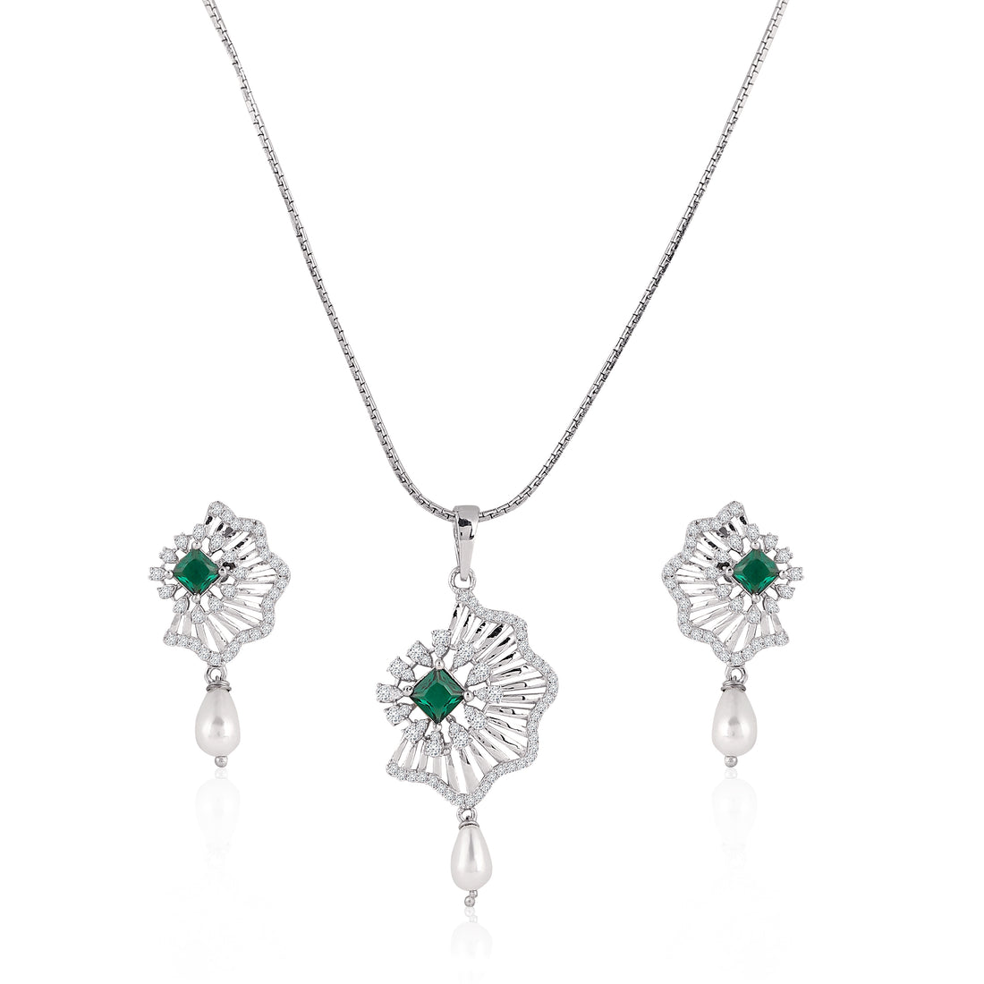 Close-up of 925 silver green stone earrings with cubic zirconia halo and pearl drop detailing