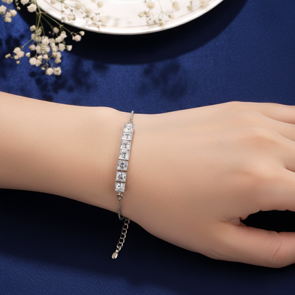 925 silver emerald cut tennis bracelet with sleek box chain design