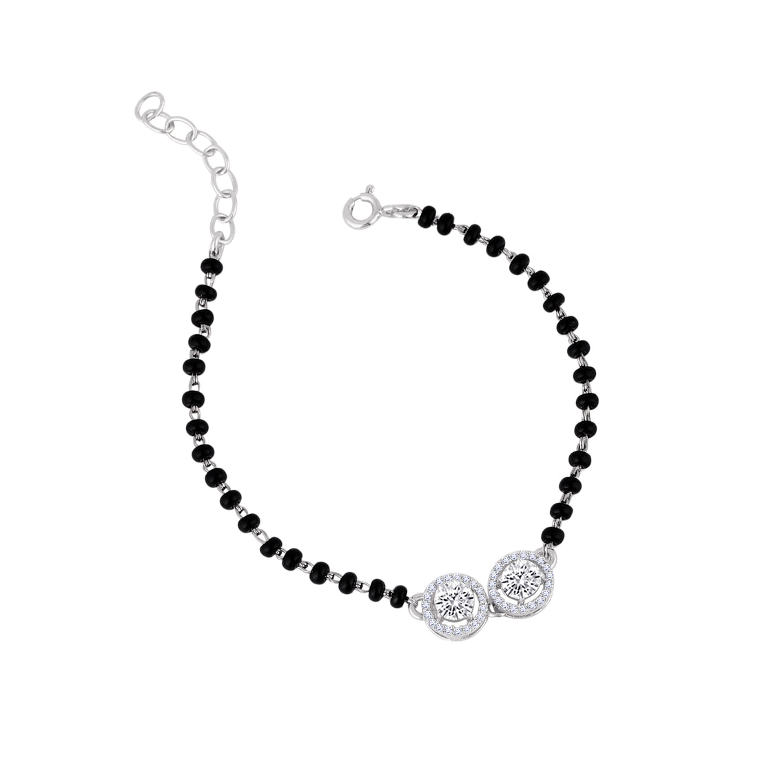 925 silver black bead bracelet with dual crystal halo clusters