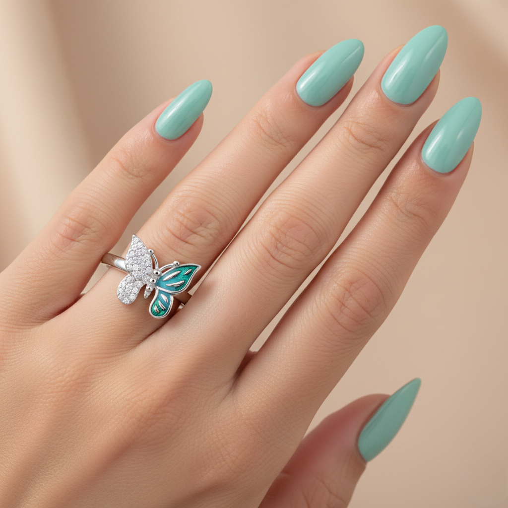 925 silver blue butterfly ring with one pavé wing and one enamel wing