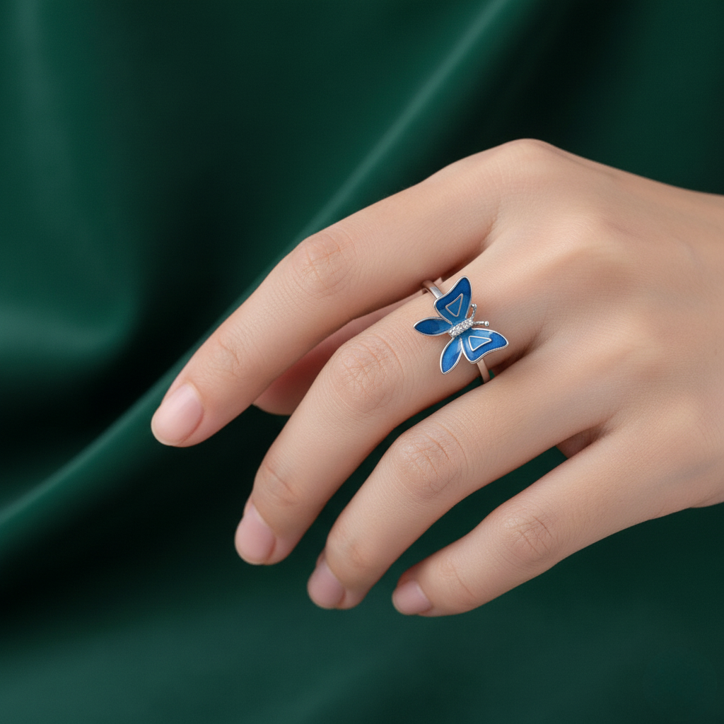 925 silver blue butterfly enamel ring worn on hand
