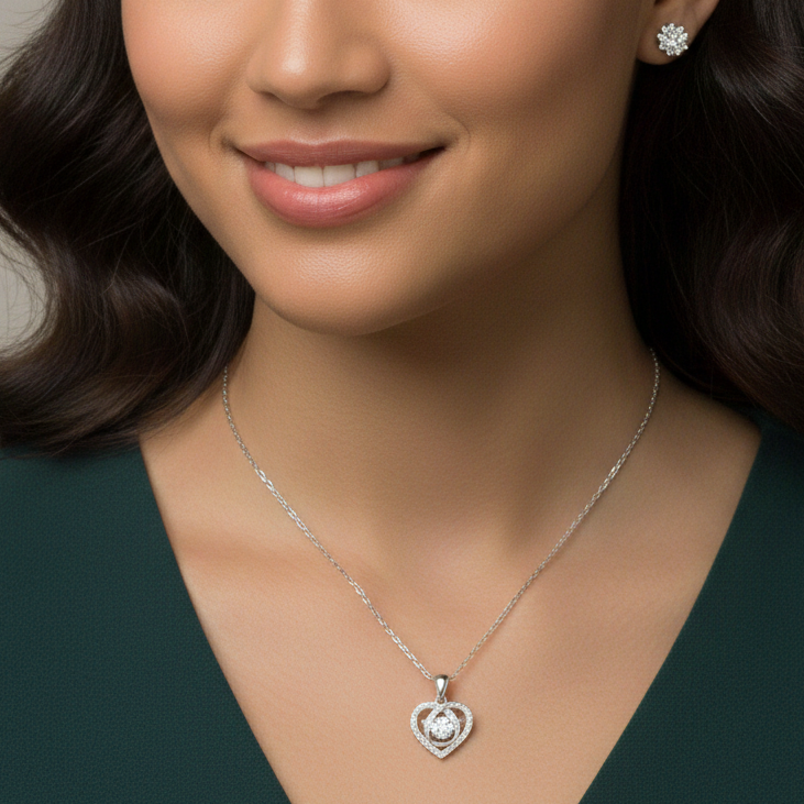 Front view of dual-heart 925 silver pendant with layered heart design and CZ center stone