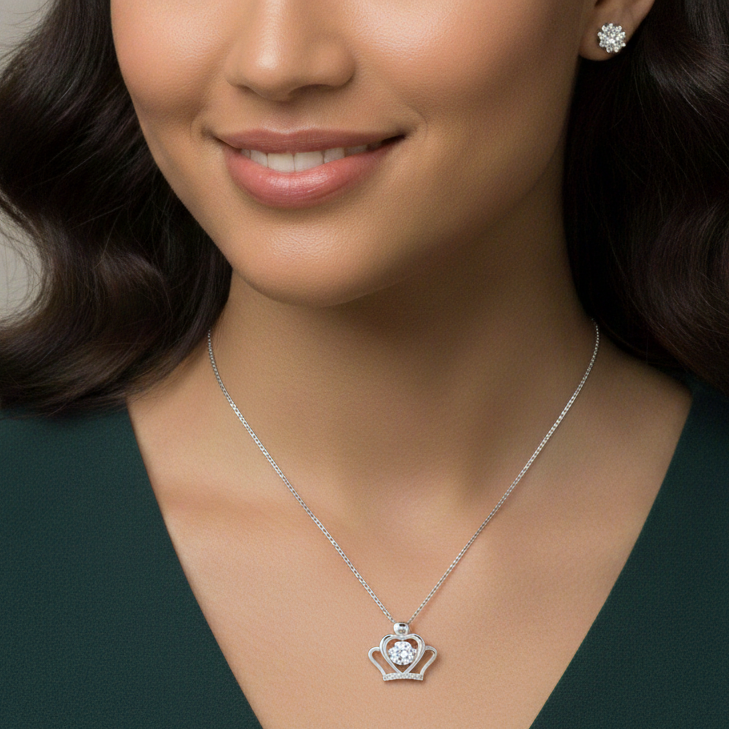 Front view of royal heart crown 925 silver pendant with crown detailing and CZ stone