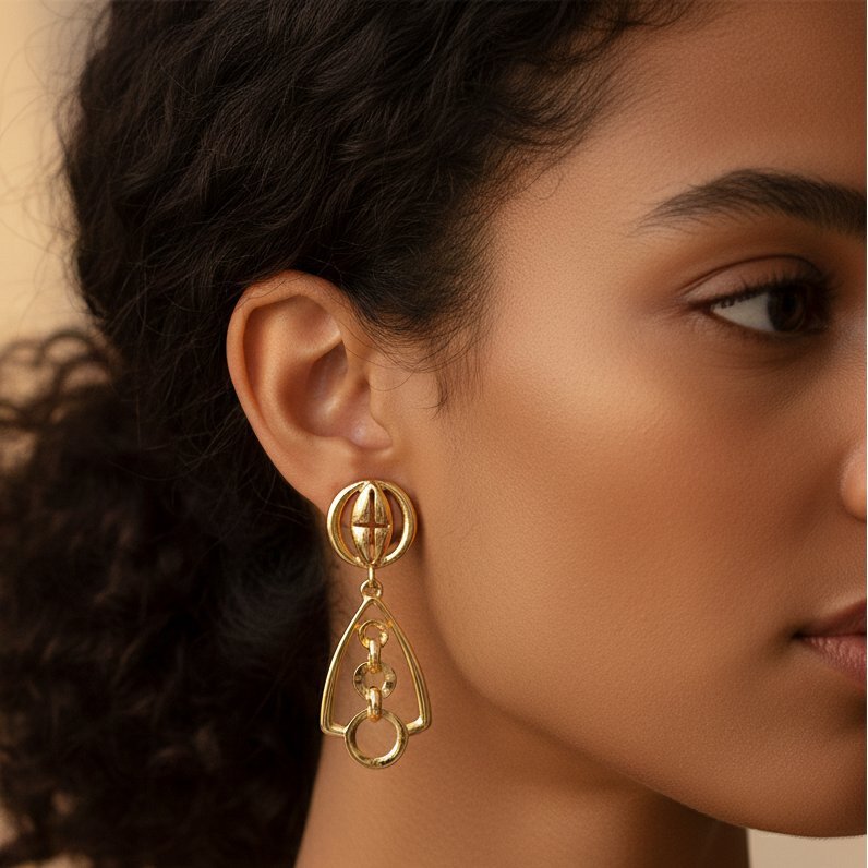 Close-up of 925 silver golden orbit geometric drop earrings worn on ear showcasing modern sculpted design