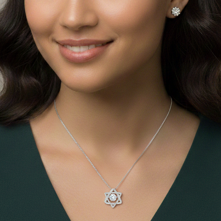 Front view of twisted star 925 silver pendant with sparkling CZ center stone
