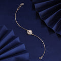 925 silver pearl halo bracelet styled on blue fabric background