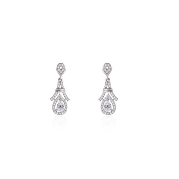 Front view of 925 silver Art Deco pear drop earrings featuring geometric tiered arch and halo design
