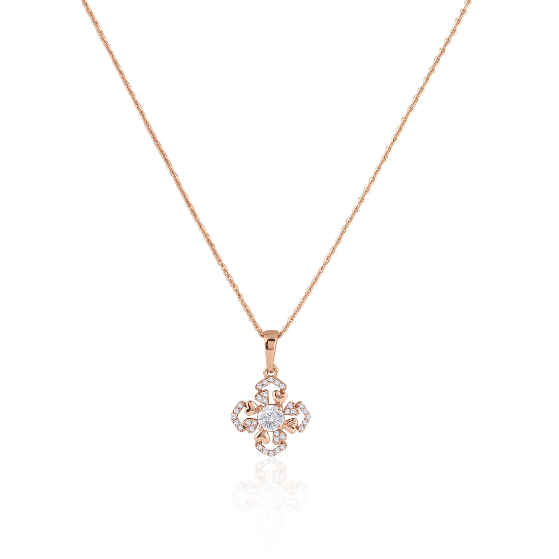 Front view of 925 sterling silver rose gold plated clover flower pendant necklace with matching stud earrings