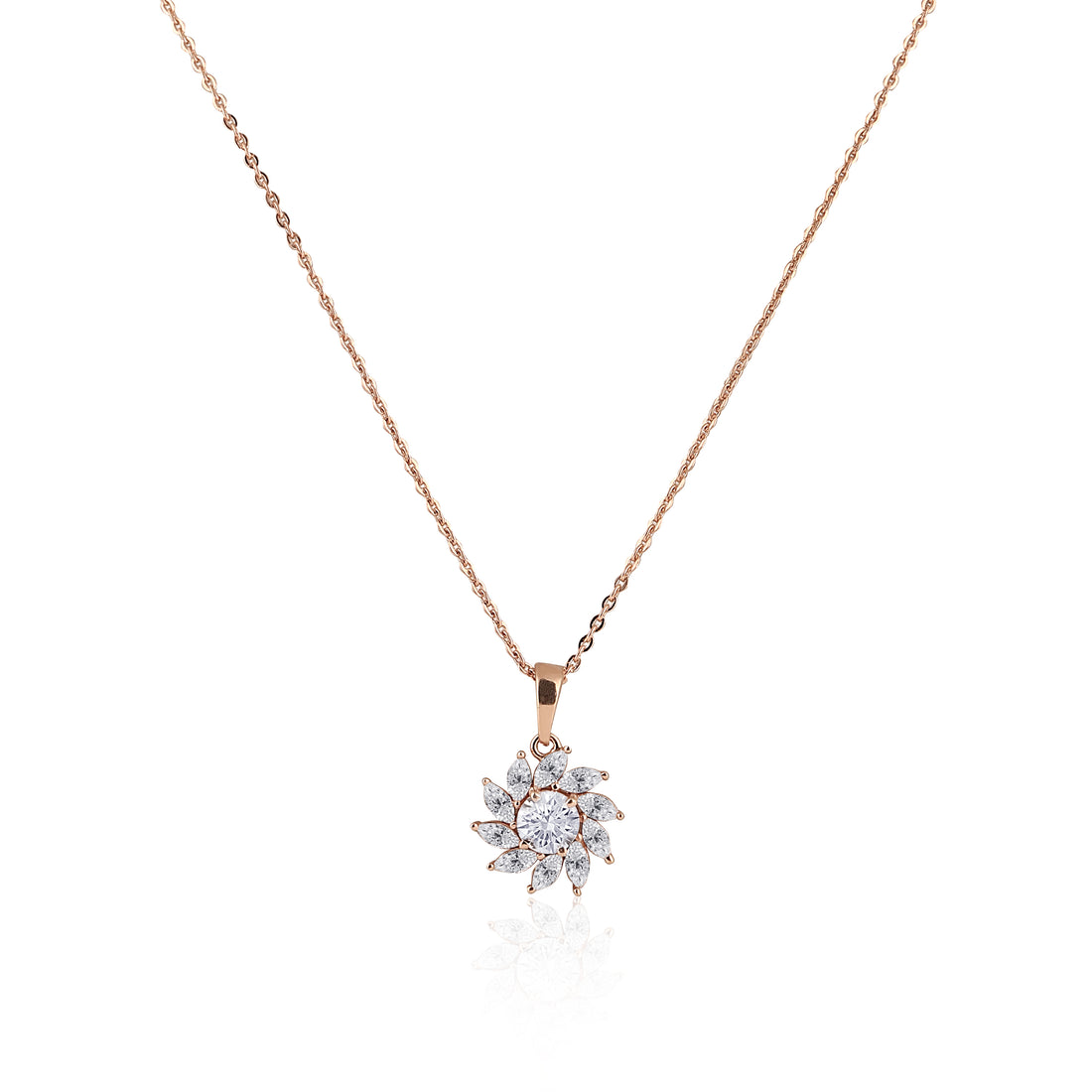 Front view of 925 sterling silver floral bloom pendant necklace with matching stud earrings and sparkling CZ stones