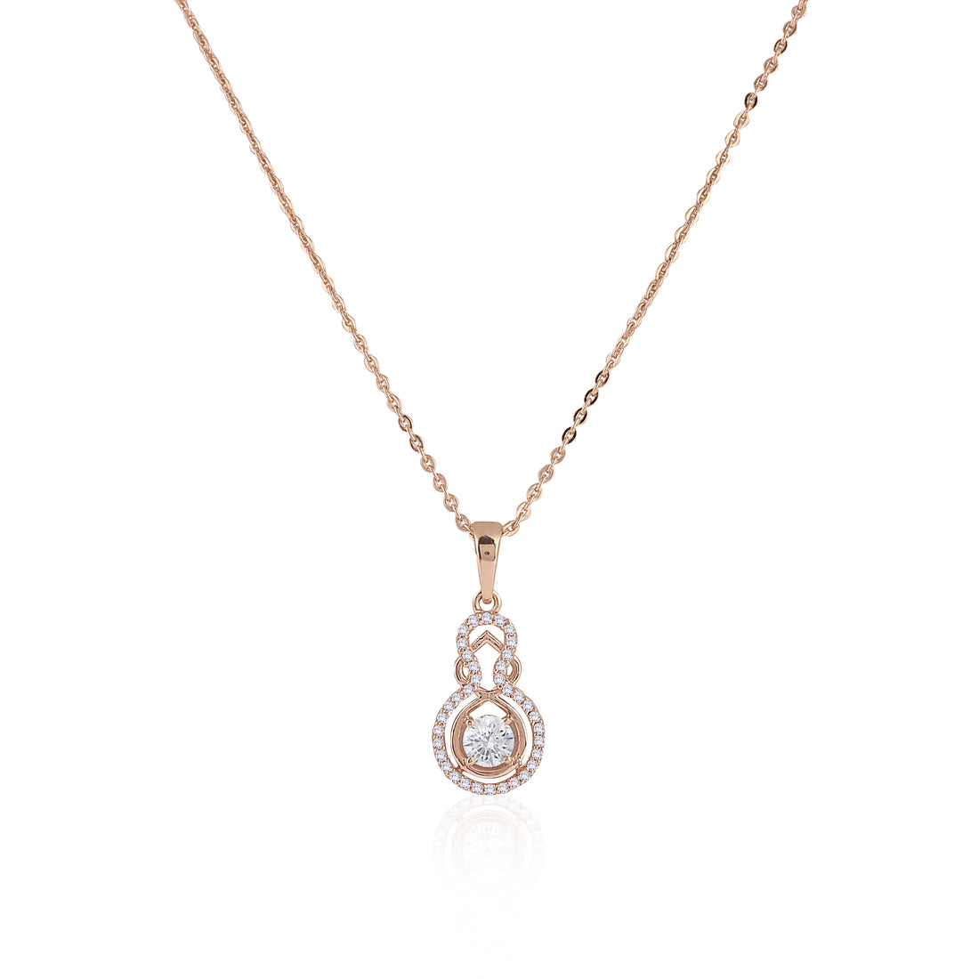 Front view of 925 sterling silver rose gold plated pendant necklace with matching drop earrings and pavé detailing