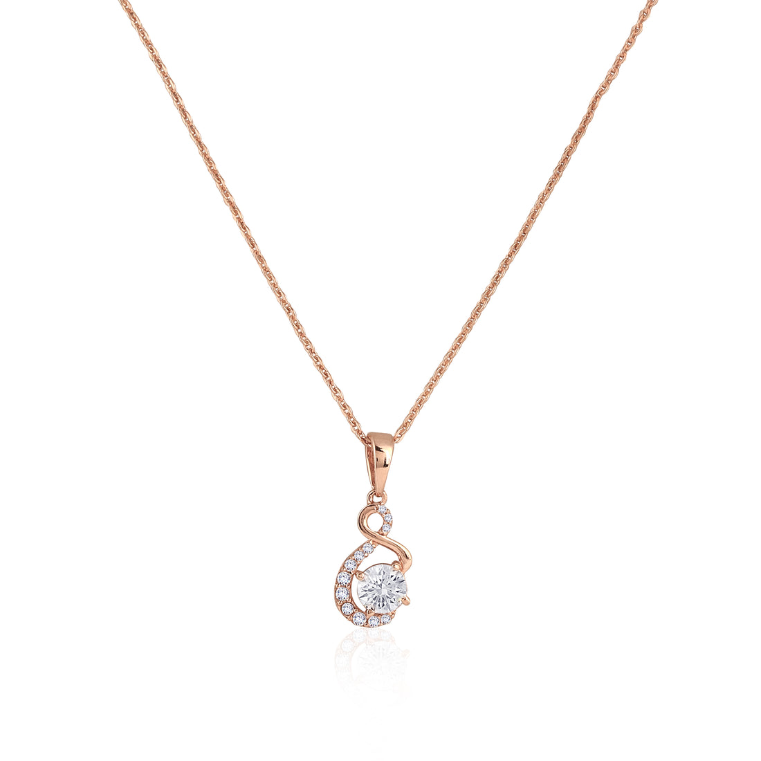 Front view of 925 sterling silver teardrop pendant necklace with matching drop earrings and cubic zirconia accents
