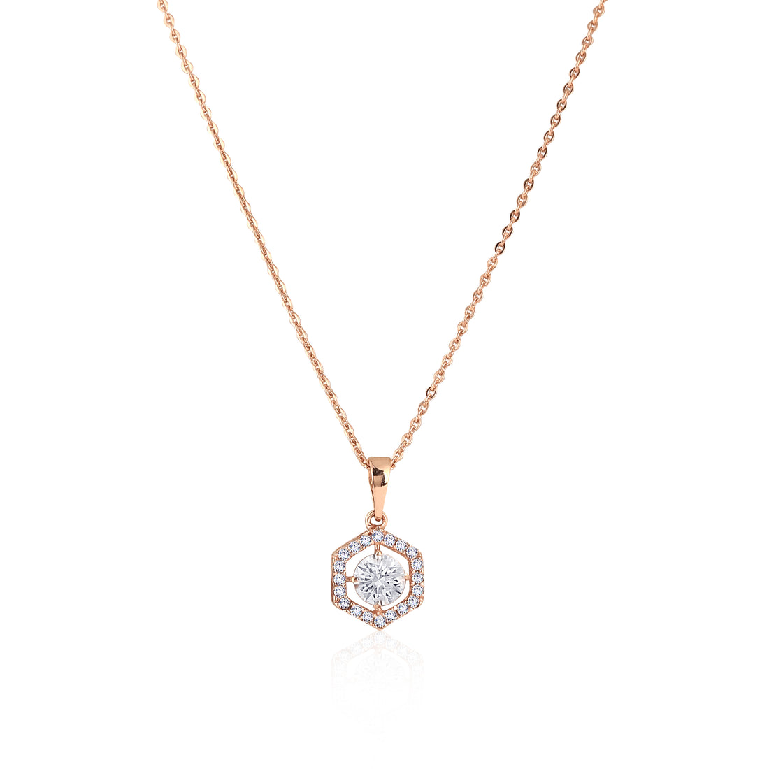 Front view of 925 sterling silver hexagon pendant necklace with matching stud earrings and double-halo CZ design