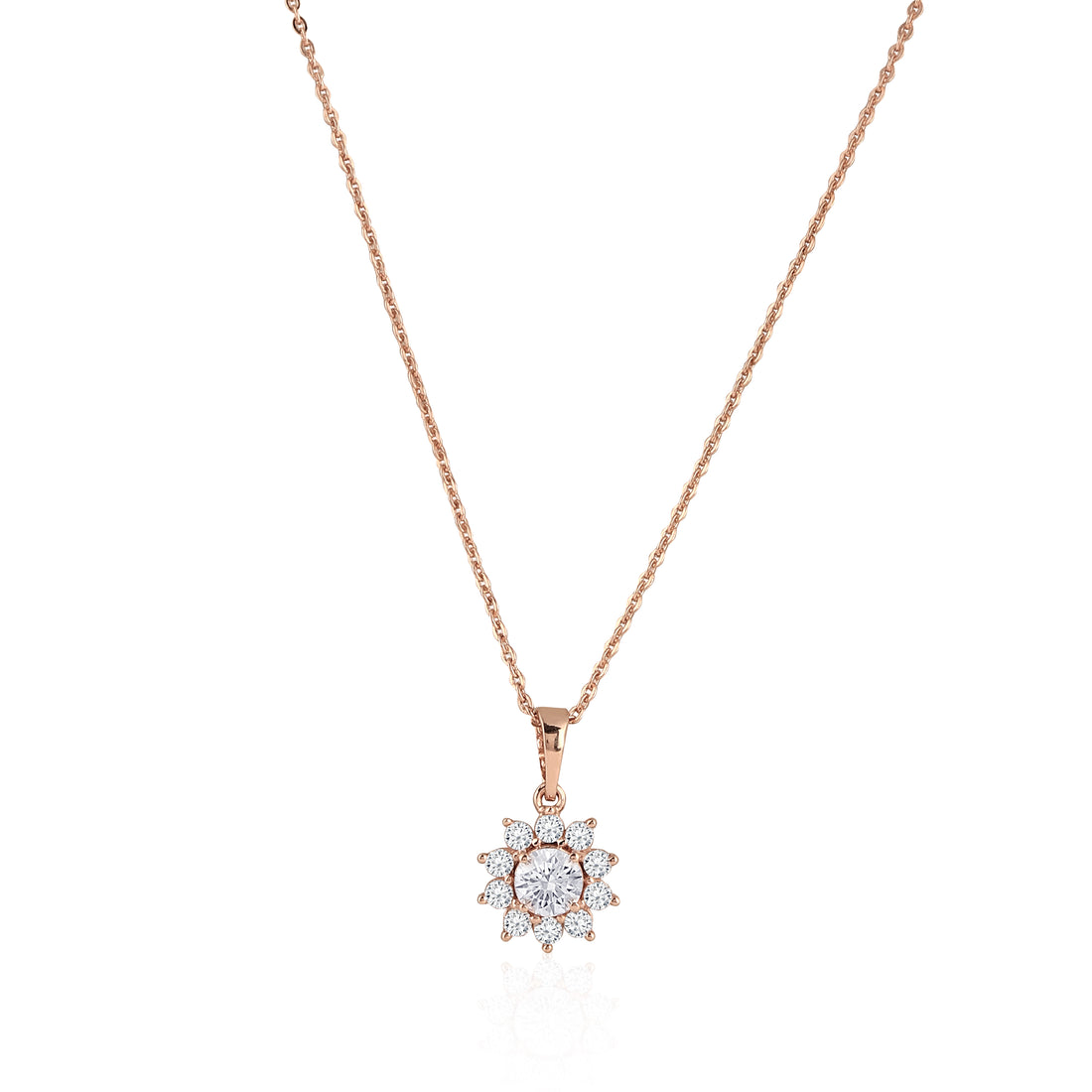 Front view of 925 silver rose gold floral pendant necklace with matching stud earrings and sparkling halo design