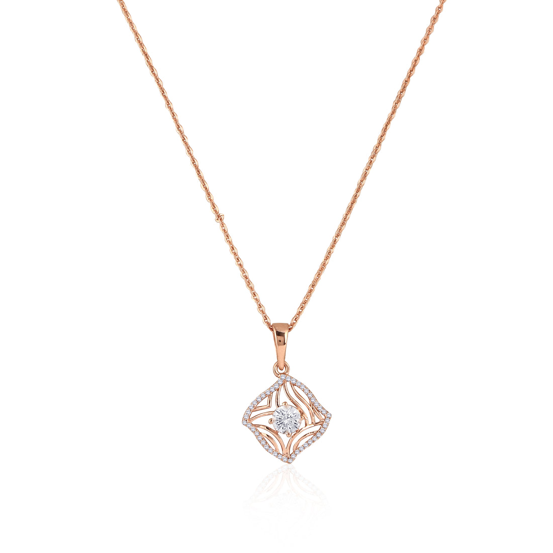 Front view of 925 silver rose gold square pendant necklace with matching stud earrings and sparkling centre stones