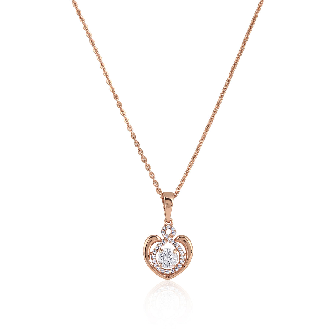 Front view of 925 silver rose gold heart necklace and earrings set with sparkling cubic zirconia accents