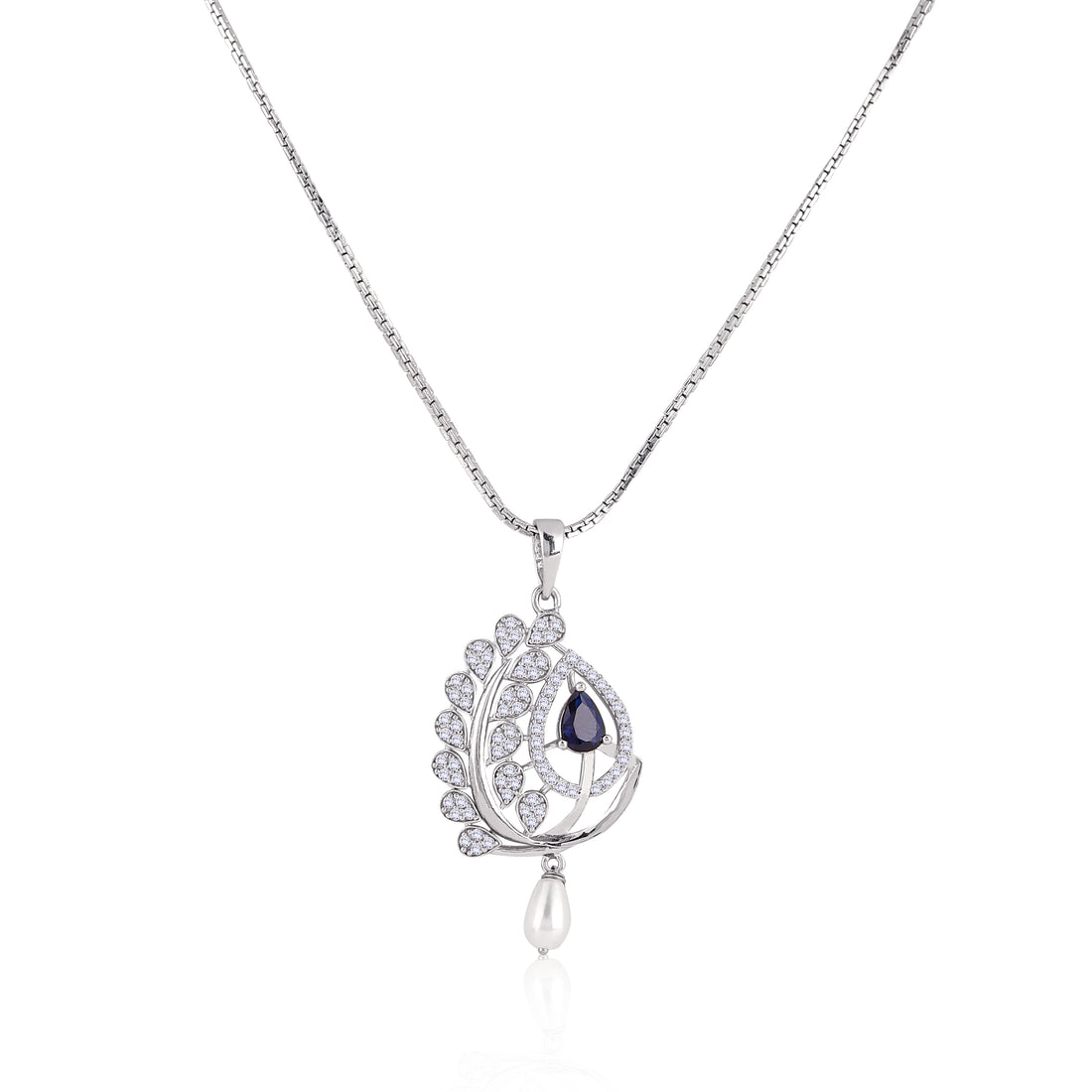 Elegant sapphire and pearl 925 silver necklace and earrings set with cubic zirconia detailing and blue teardrop center stone.