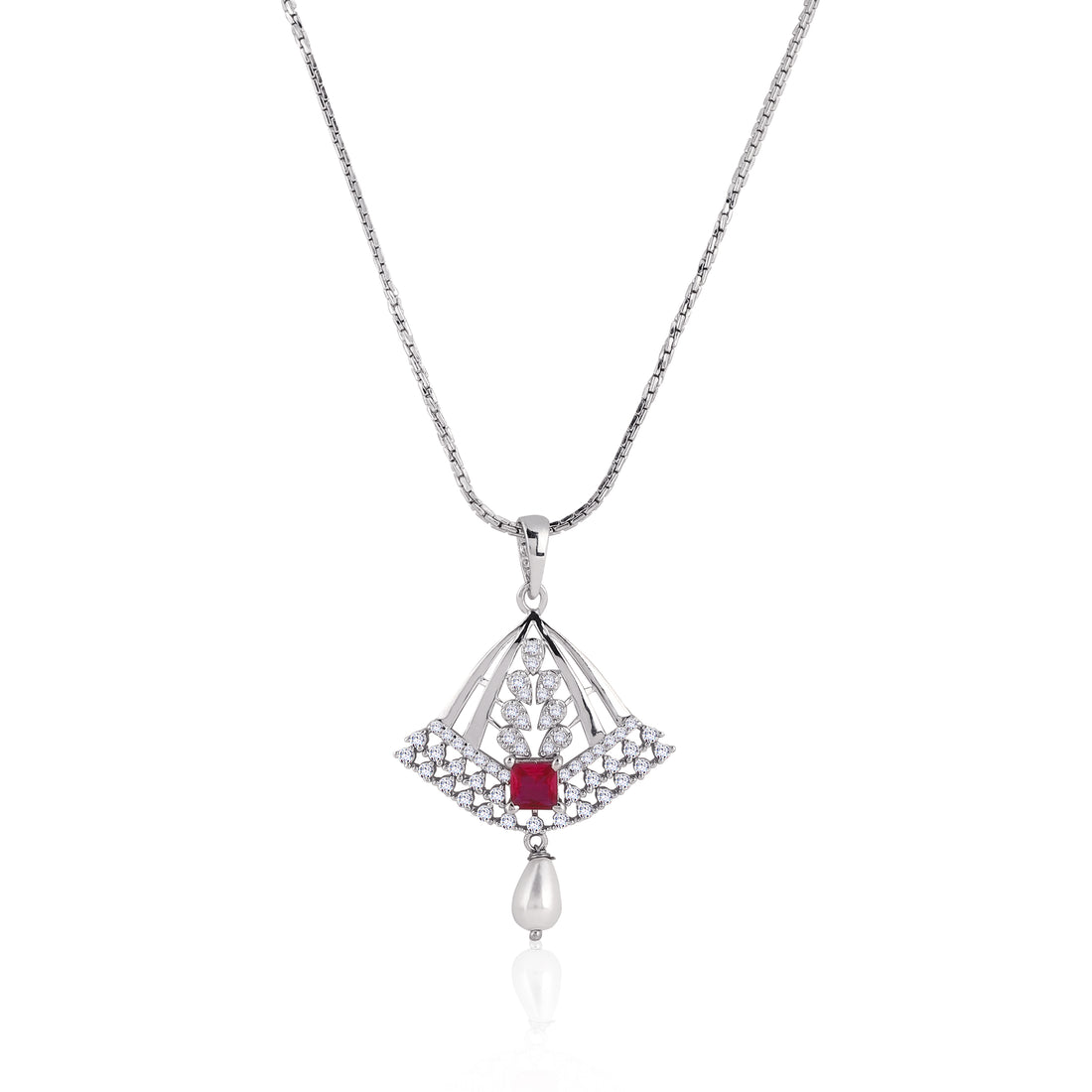 Front view of 925 silver ruby and pearl pendant necklace with matching earrings and CZ detailing